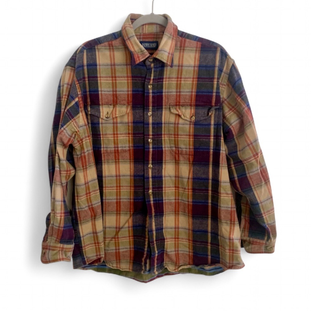 LAND’S END MEN’S BROWN PLAID LONG SLEEVE COTTON BUTTON DOWN FLANNEL SHIRT LARGE